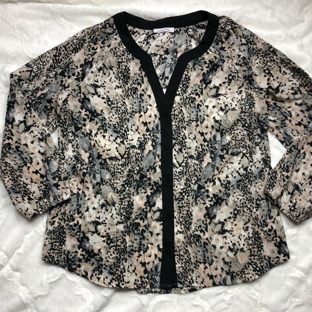 Calvin Klein Animal Print Sheer Blouse size Large - Picture 2 of 12